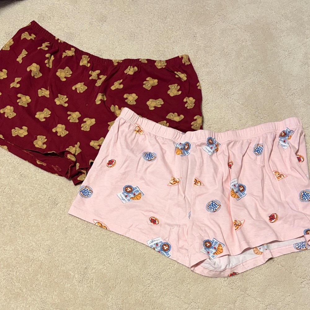 2New Primark Women's Teddy Bear & Croissant Pastry Print Pajama Shorts XL Cotton